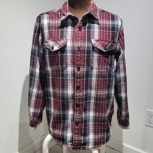 American Eagle Mens Classic Fit Plaid Heavyweight Flannel Shacket Large Burgundy